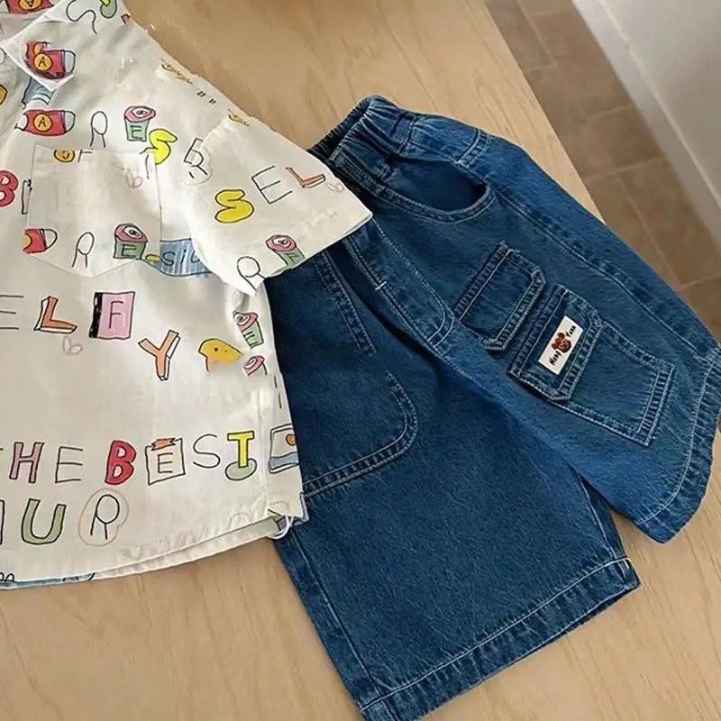 Children's Shirt Set Summer New Boys and Babies Fashionable and Versatile Casual Top Printed Shorts 2-piece Set for Kids