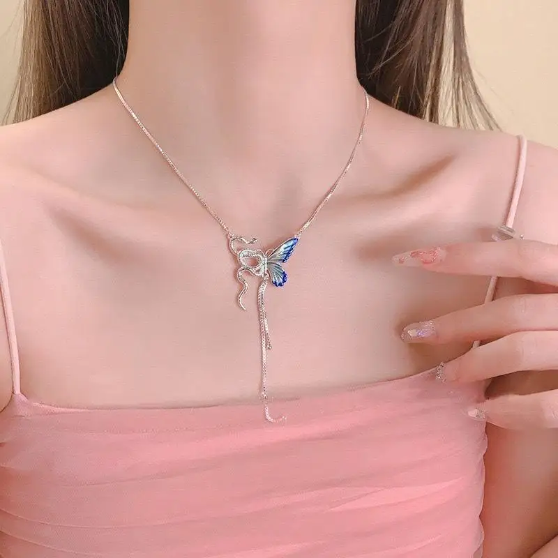 Shiny Blue Crystal Butterfly Pendant Clavicle Necklaces For Women Necklace