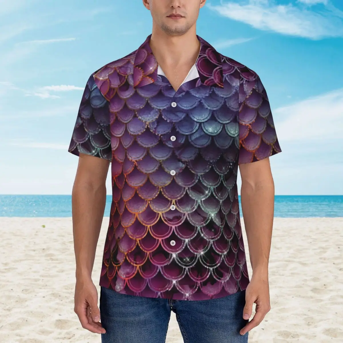 Ombre Glitter Print Casual Shirt Shiny Mermaid Scales Loose Summer Shirts Mens Short Sleeve Vacation Y2K Street Oversize Blouses