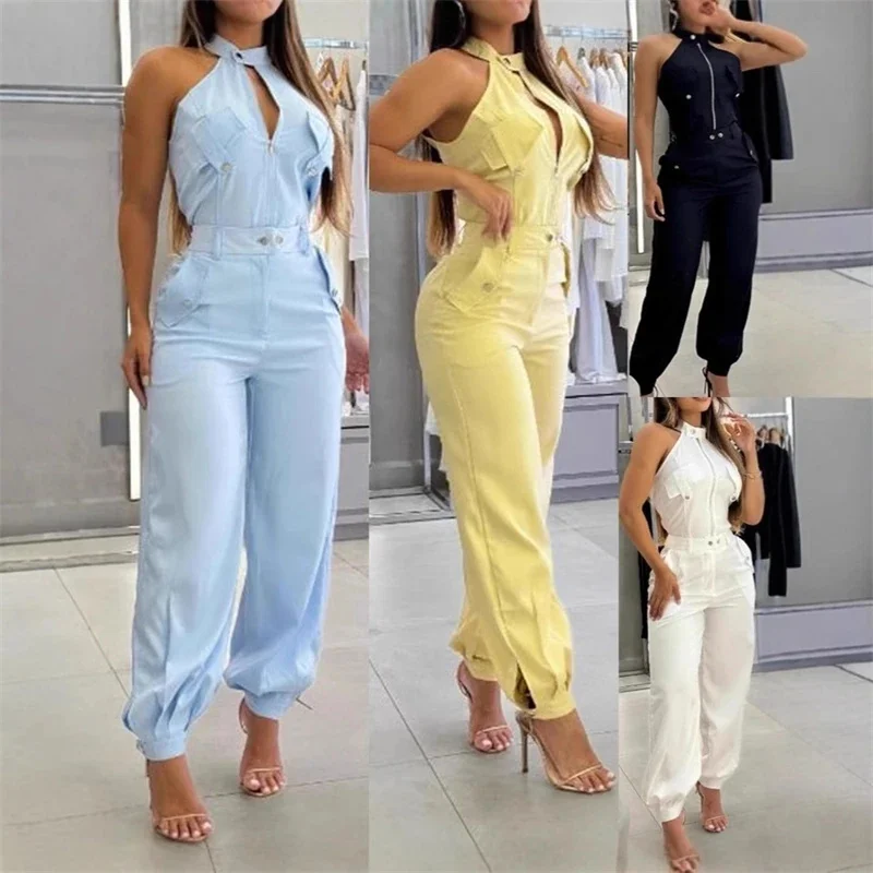 

Women's Summer 2 Piece Set Zip Up Sleeveless Halter Top And Cargo Pants Sets Casual Travel Vacation Outfits With Pockets