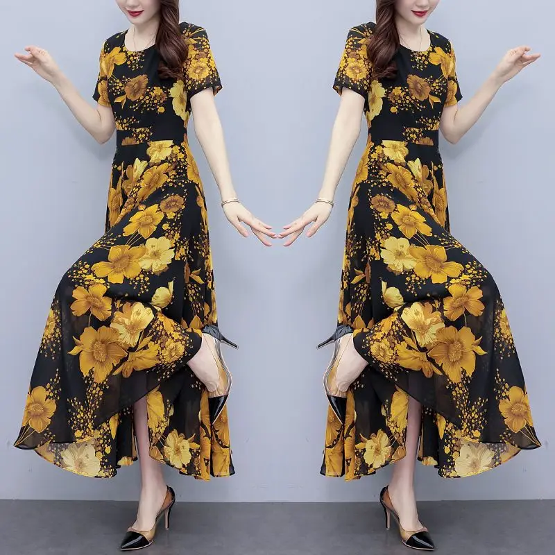 우아한 패션 하라주쿠 슬림 피트 여성 의류 캐주얼 모든 경기 a 라인 스커트 패치 워크 프린트 O 넥 반소매 드레스