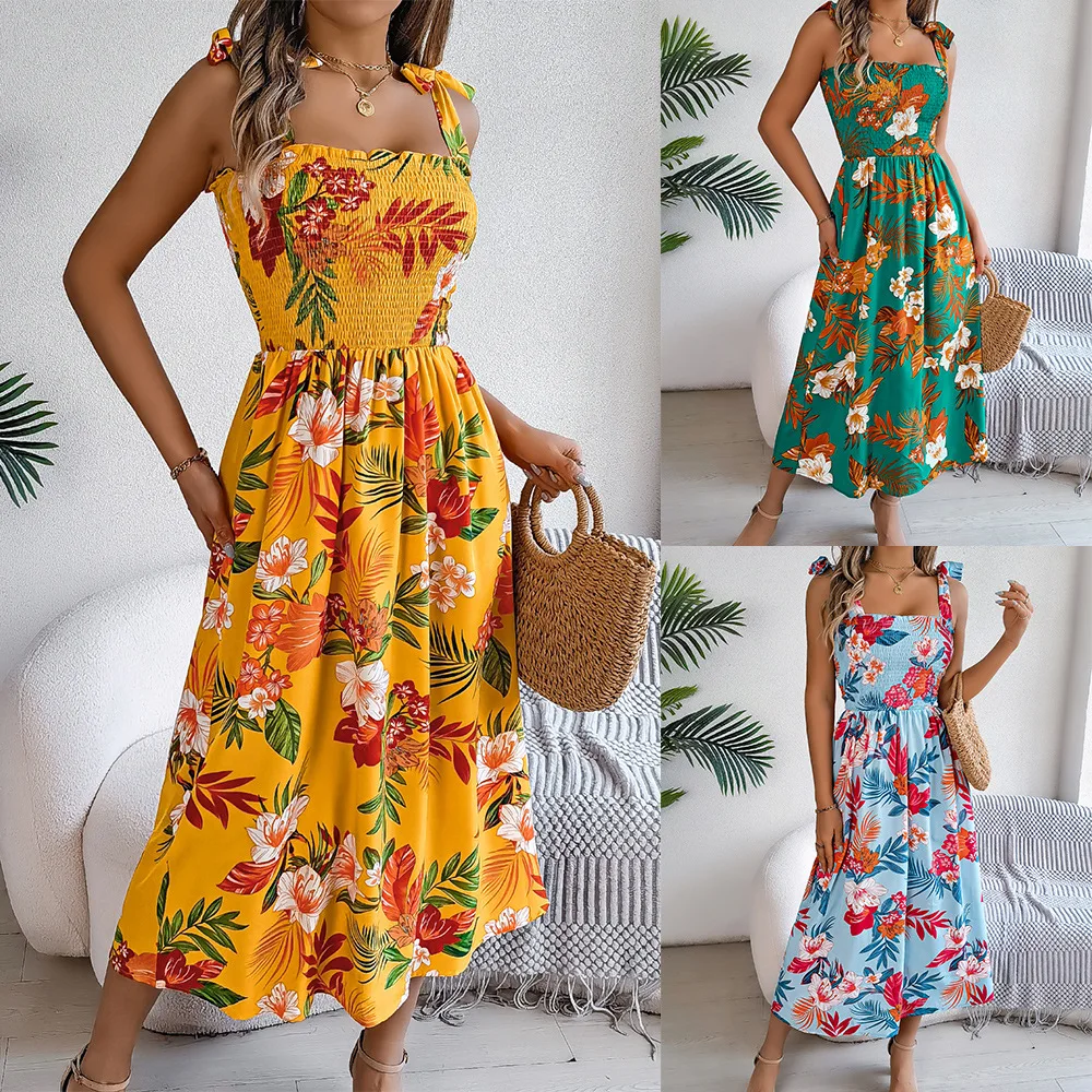 

Long Dress Women Sling Dresses Print Floral A Line Vestidos Streetwear Lace Up high Waist Sleeveless Elegant Y2k Casual Beach