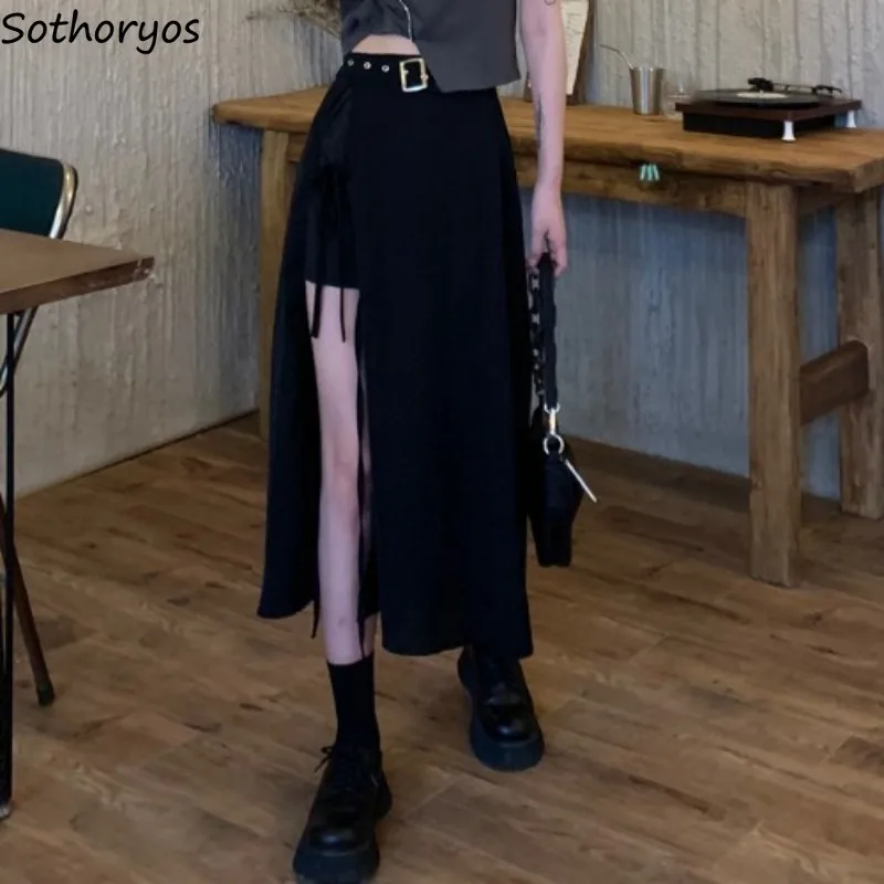 

Black Side-slit Skirts Women Sexy Girls Fashion High Waist Elegant Streetwear Casual Summer All-match Korean Style A-line Faldas