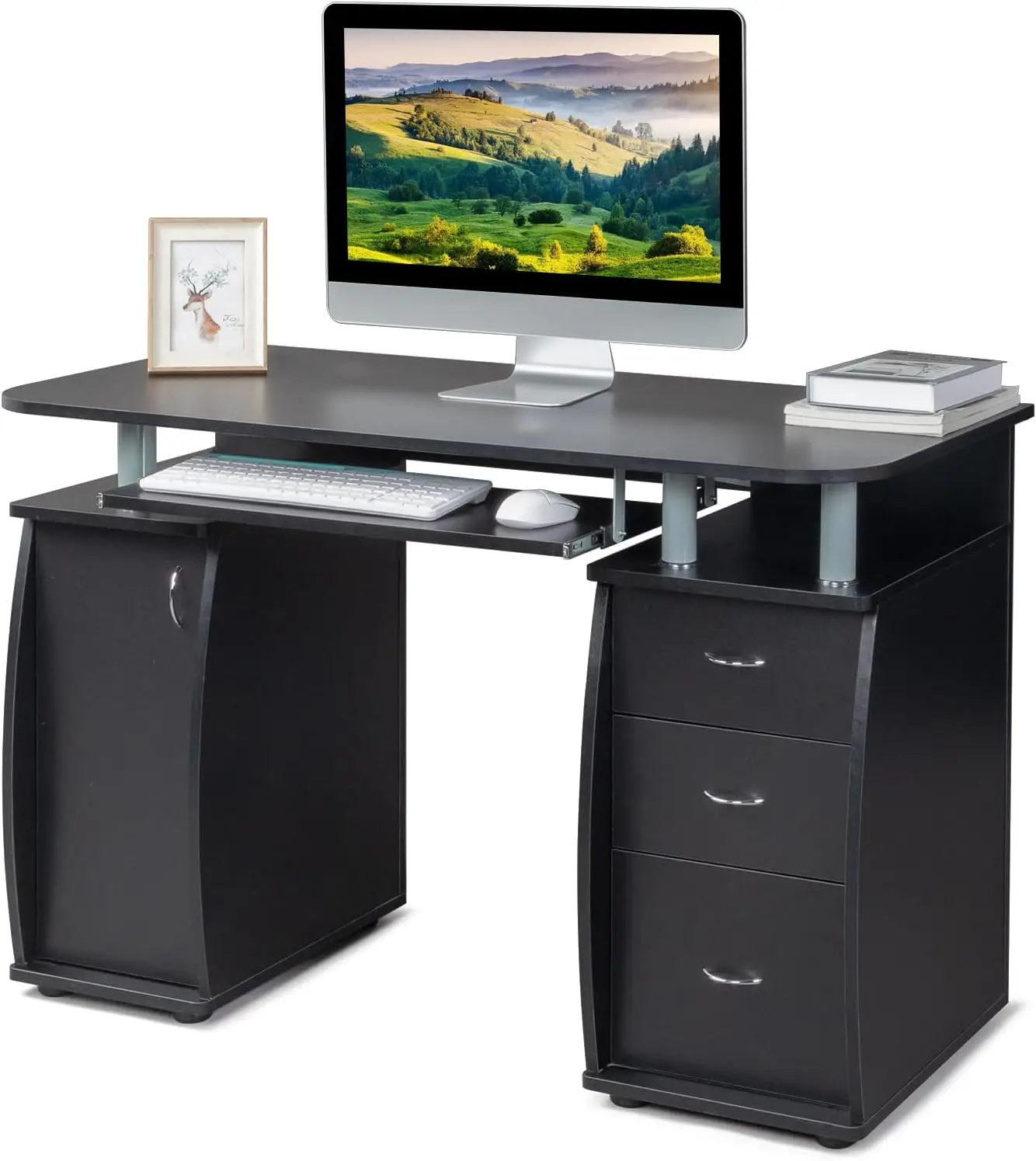 home Computer Desk with Drawers & Storage Cabinet, Small Office Desk PC Laptop Workstation for Home, Studio, Office