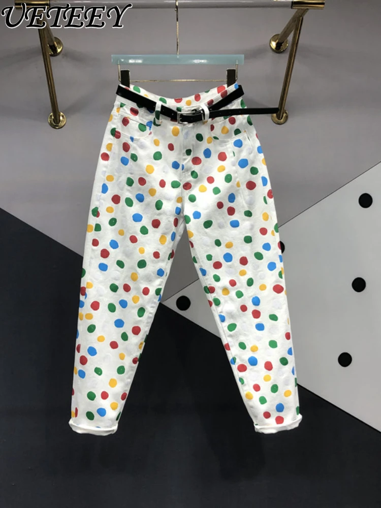 Women's Colorful Polka Dot Jeans European Goods Spring Autumn New Versatile Trousers High Waist Slimming Harem Denim Pants