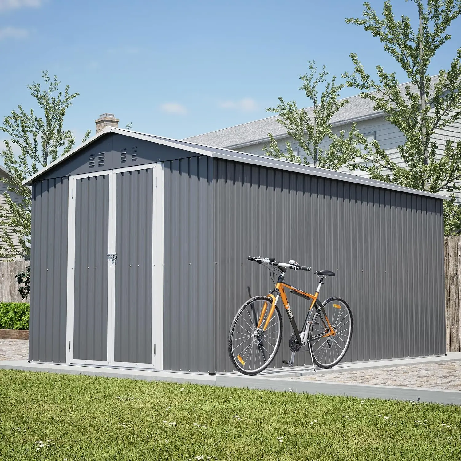 8x12 FT Outdoor Metal Storage Shed, Gray, Lockable Double Doors, Aluminium Frame, Waterproof Sloped Roof, for, Customized