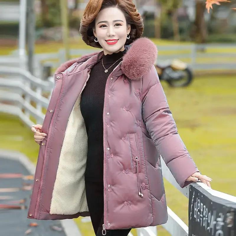 Middle-aged Mother Winter Embroidered Warm Jacket Plus velvet Thicken Parkas Outwear Fashion Loose Cotton Fur collar Hooded Coat