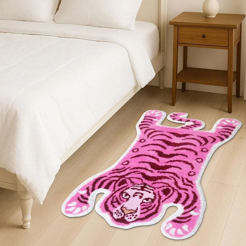 VIKAMA Purple Tiger Shaped Rug Fluffy Irregular Animal Floor Mat Cute Leopard Stripe Carpet For Bedroom Living Room Home Decor