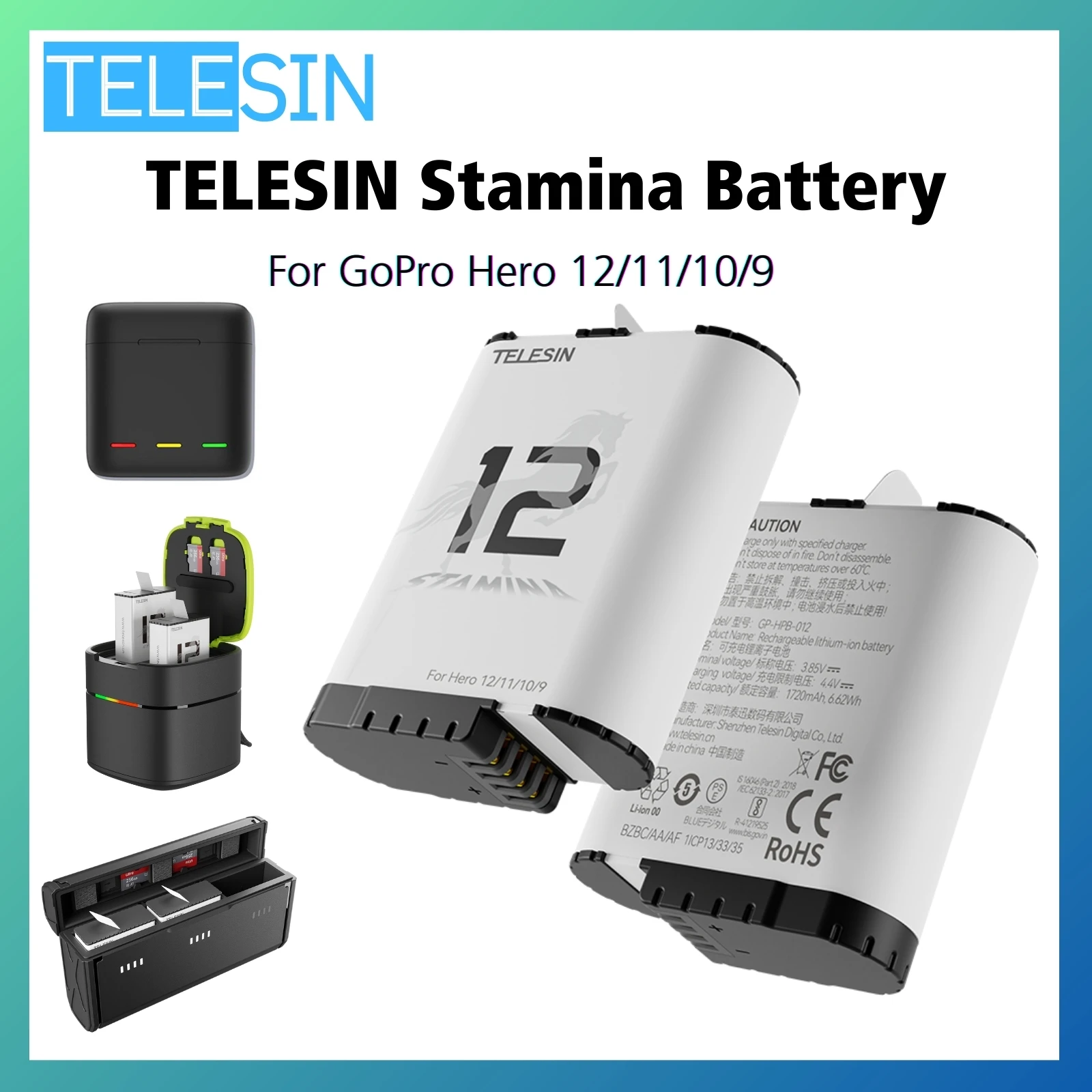 TELESIN For GoPro Hero 12 Stamina Battery Charger Pack Charging Case Enduro For Go Pro Hero 9 12 11 10 Power Accessories