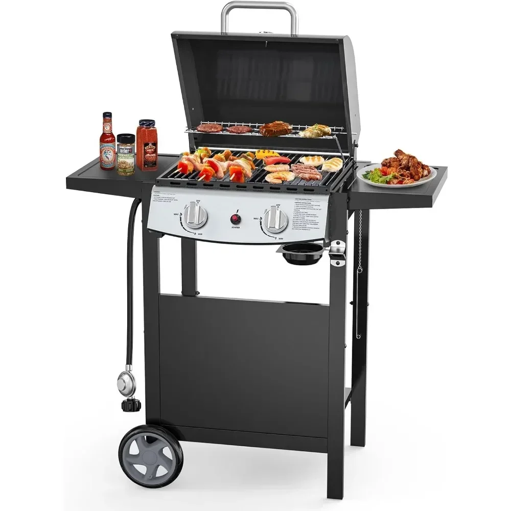 2 Burner BBQ Propane Gas Grill, 20,000 BTU Stainless steel Gas Grill with Two Side Storage Shelves,Barbecue Gas Grill