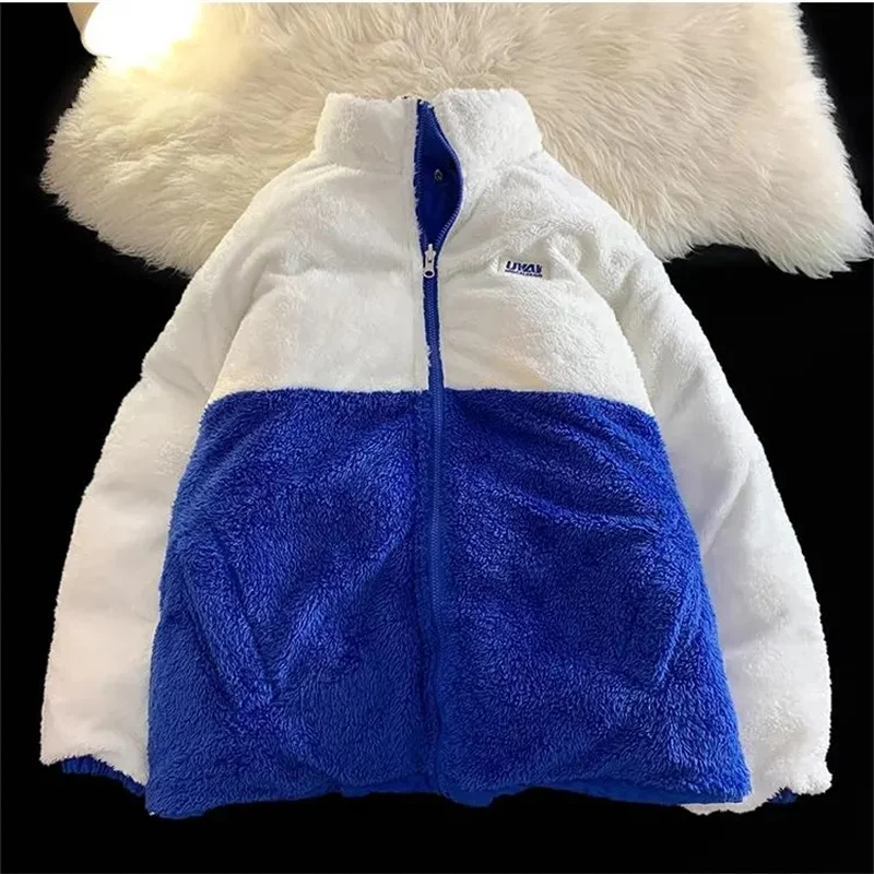 Winter Cotton-padded Girls 2024 New Junior High School Students Lambswool Plus Velvet Padded Two Sides Wear Cotton-padded Coat