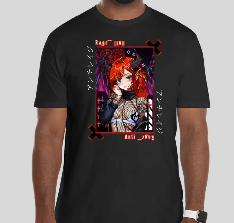 

Original Anime Art T-Shirt - Anti Rage OC - Handcrafted DTF Transfer/ Demon Waifu Succubus