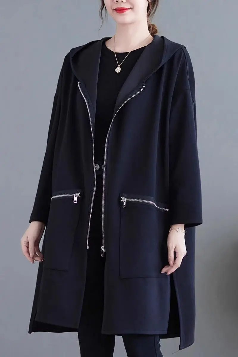 Mid Length Trench Coat 2023 Autumn Oversized Women\'s Korean Version Hooded Loose Trendy And Lazy Style Casual Outerwear Z2759