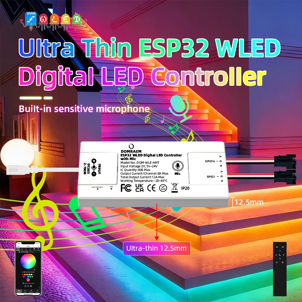 DOMRAEM ESP32 WLED Addressable LED Strip Controller Ultra Thin 2CH, Music Sync DIY100+, MQTT/HomeAssistant/Alexa ~0.5W Standby
