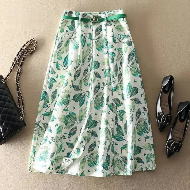 Light Green Floral Print High Waist With Belt A-line Women's Skirt Korean Fashion Elegant Knee-Length Skirts For Women Spring