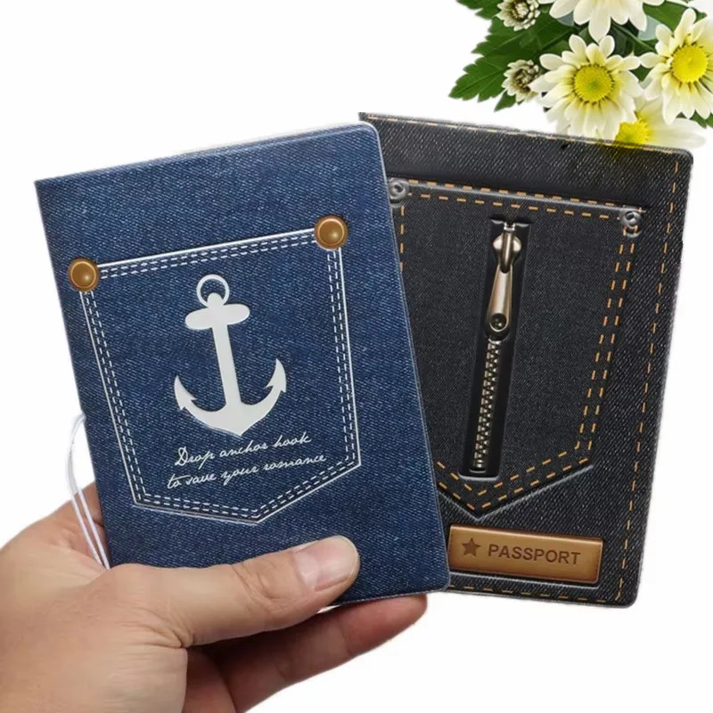 Jeans Boat Anchor Embossed Pattern Travel Passport Holder for Women Men ID Card Cover Ticket Protective Cases Travel Accessories