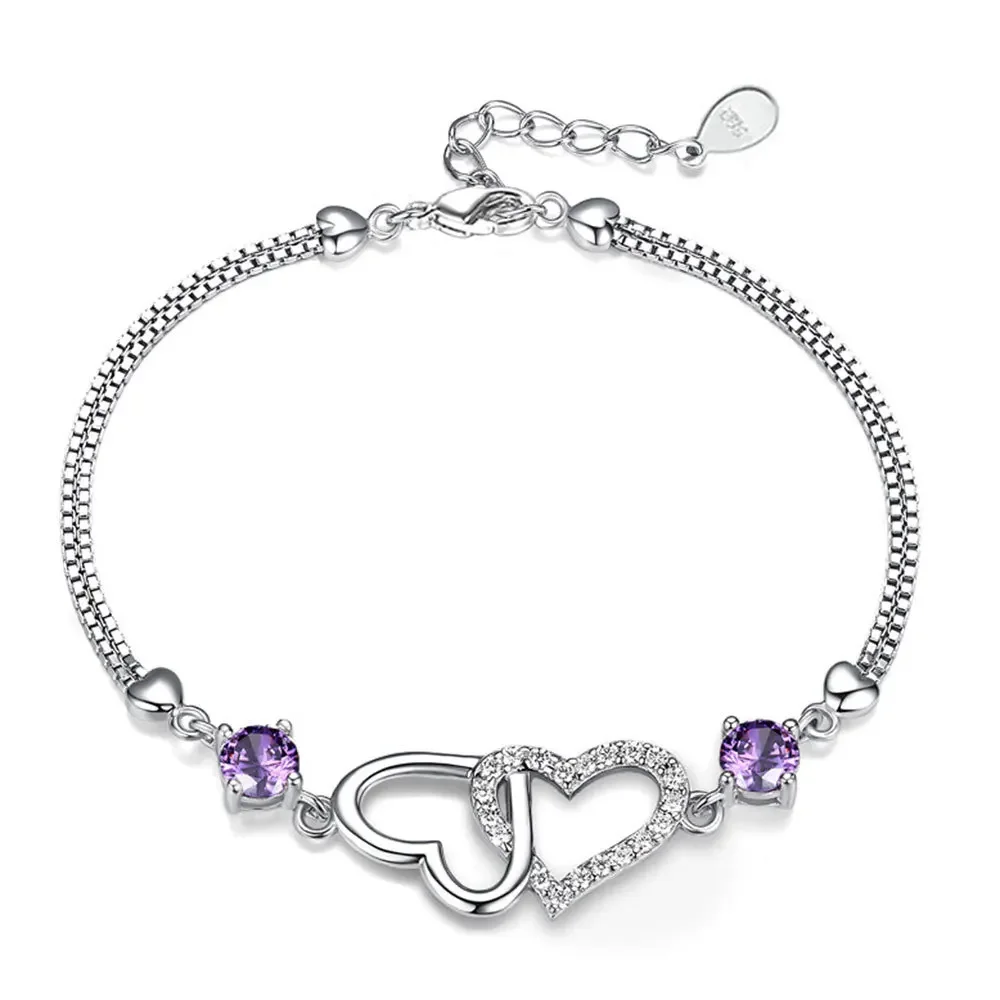 

S925 Sterling Silver Bracelet Inlaid With Natural Amethyst Zircon Heart Lady Bracelet, Charm Jewelry Gift Wedding Jewelry