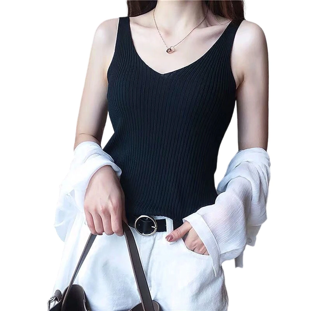 V Neck Sleeveless Knitted Vest for Women Camisole Tank Top Simple Innerwear All Match Solid Color Spring Summer