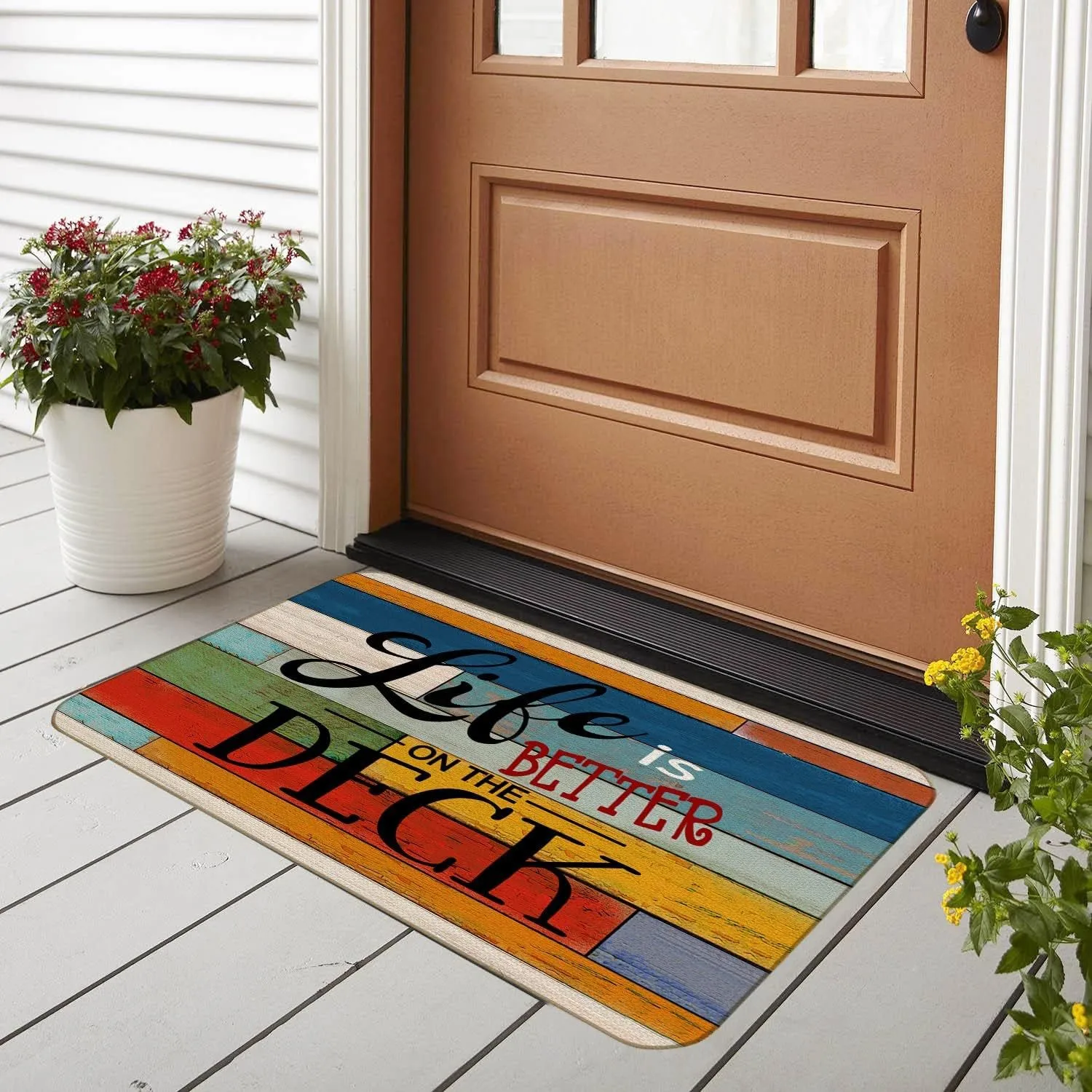

VIKAMA Retro Colored Wooden Board Slogan Floor Mat, American Outdoor Courtyard Entrance Door Mat, Anti-Slip And Wear-Resistant