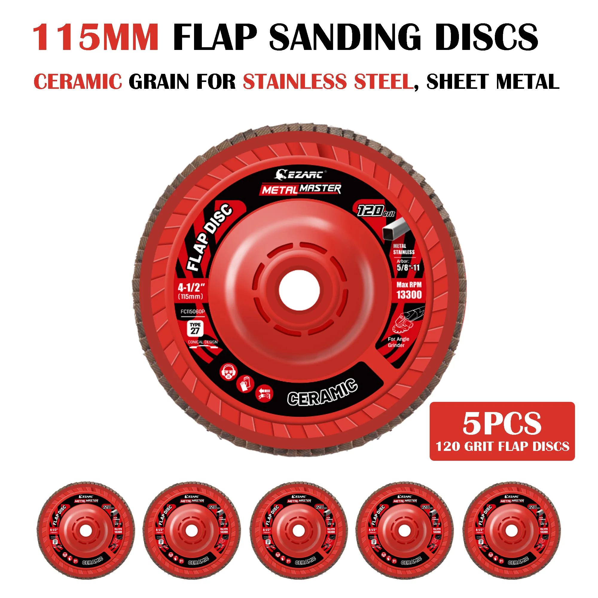 EZARC 5Pcs Ceramic Flap Discs 120 Grit 4-1/2-Inch Type 27 Ceramic Abrasive Trimmable Discs for Weld Grinding Deburring Finishing