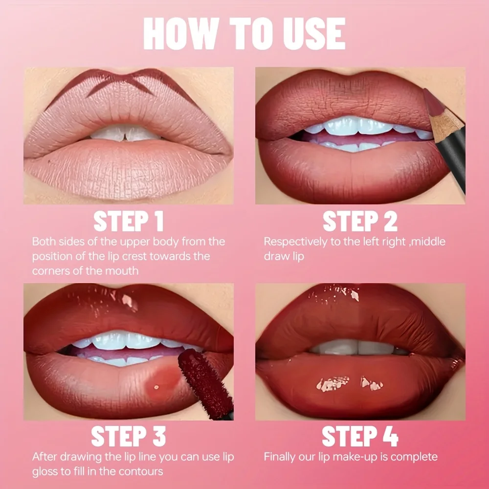 Zestaw błyszczyków i konturówek do ust Pudaier, nawilżający, długotrwały, wodoodporny, nie rozmazujący się makijaż ust, gładki zestaw do ust dla kobiet