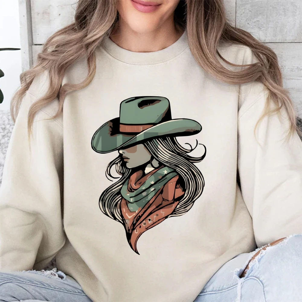 Y2k グラフィックスウェットシャツカウガールハットスカーフプリントスウェットシャツウエスタンソフト生地カジュアル服トレンディなユニークな大胆な雰囲気スウェットシャツ