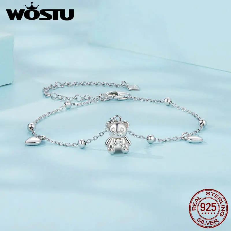 WOSTU 925 Sterling Silver Little 3D Bear Bracelet Heart Pendant for Women Girl Dating Birthday Companionship Gift Fine Jewelry