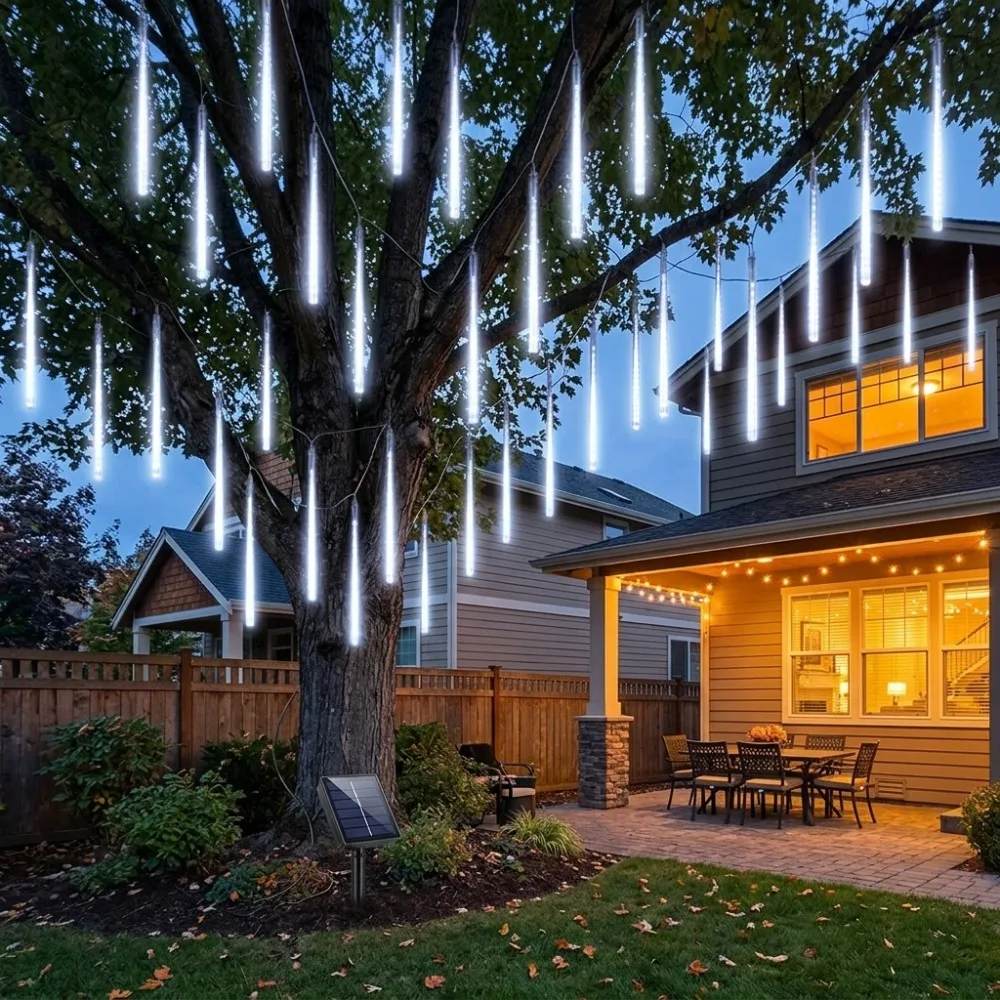 Solar Meteor Shower Lights 10 Tubes Waterproof White for Outdoor Christmas Party Festive Tree Window Balcony Stair Decor