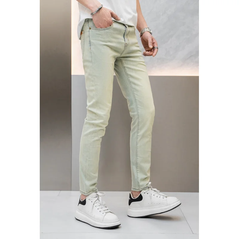 Jeans retrò gialli Color fango da uomo primavera/estate sottile elasticizzato Slim Fit Skinny e tutto abbinato lusso leggero nostalgico lungo