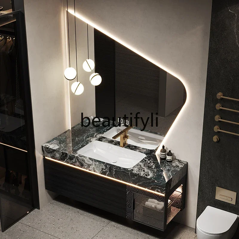 

Italian light luxury bathroom cabinet combination luxury stone seamless ceramic basin toilet washstand