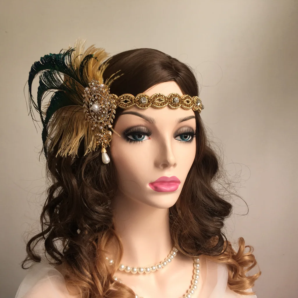 Gatsby Feather Headband for Woman Shiny Rhinestone Gold Beaded 1920s Gatsby Inspired Leaf Medallion Headband Forehead Decoration