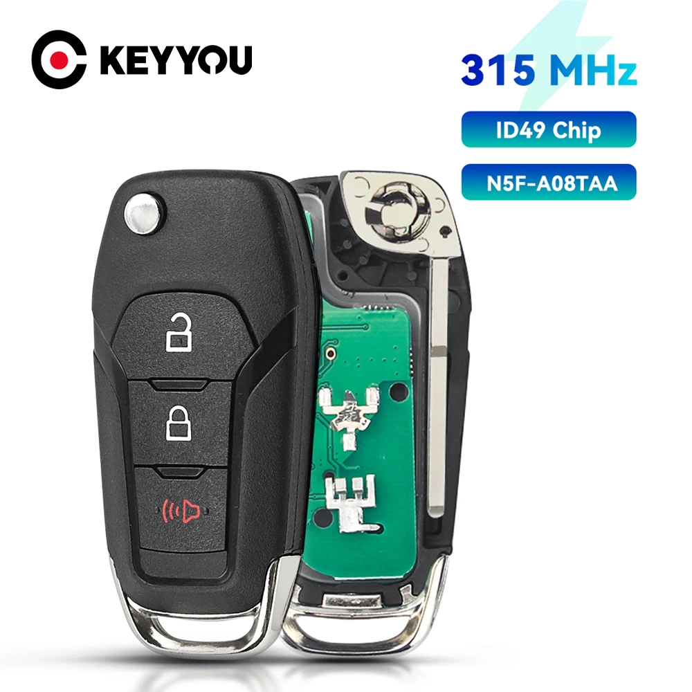 KEYYOU Flip Remote Key Fob For 2015 - 2021 FORD Explorer F150 F250 F350 N5F-A08TAA 315Mhz ID49 Chip 3 Buttons HU101