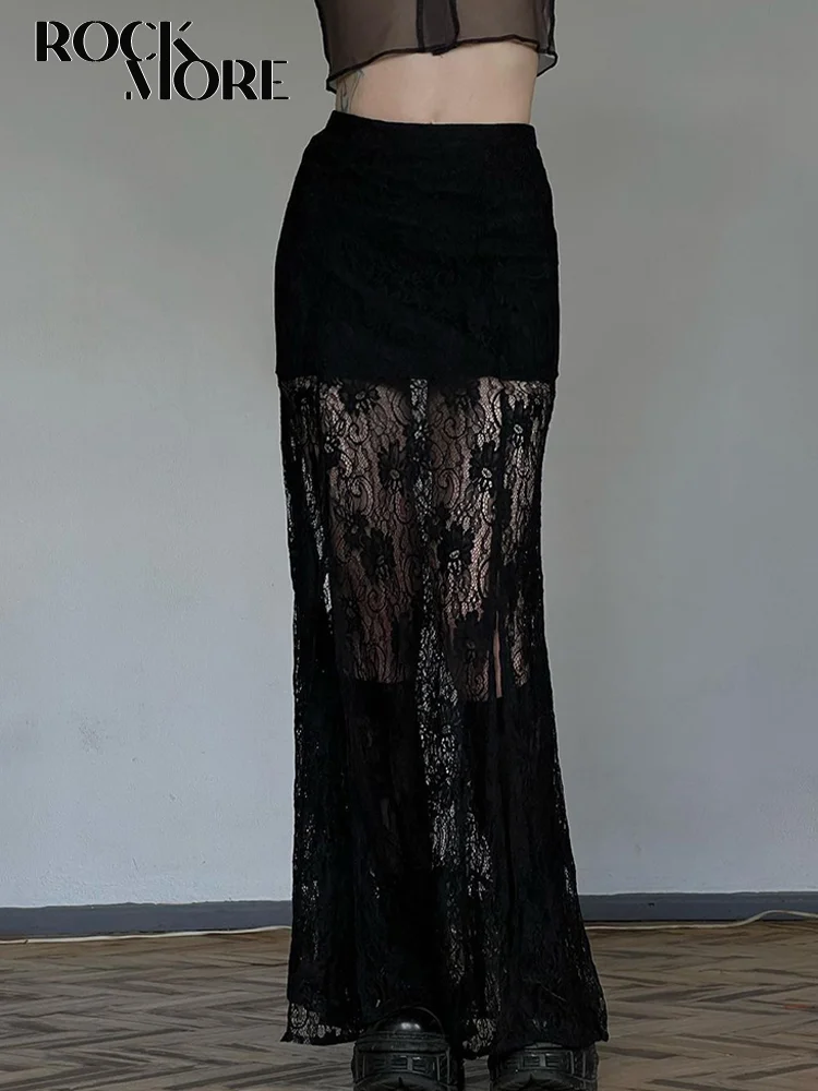 Rockmore Lace Splicing Sexy See-through Split Long Skirt femme Clothing Party Clubwear Chic Black Gothic Straight Skirts 2024