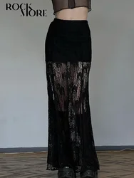 Rockmore Lace Splicing Sexy See-through Split Long Skirt femme Clothing Party Clubwear Chic Black Gothic Straight Skirts 2024