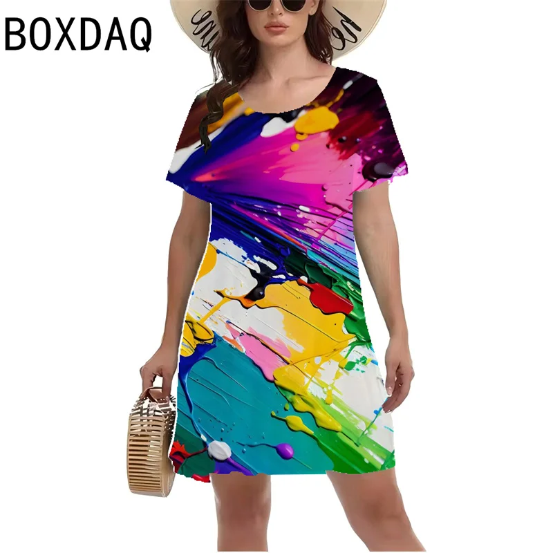 Fashion Colorful Ink Gradient Tie dye Printed Dress Big Size 3XL Women's Summer Short Sleeved Casual A-Line Dress Vestidos