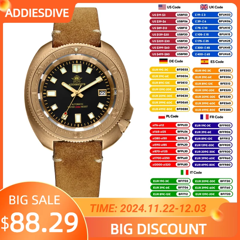 Addiesdive Topmerk Cusn8 Bronzen Kast Automatisch Mechanisch Horloge 200M Duiken Superlichtgevende Horloges Ad2104 Relios Masculinos