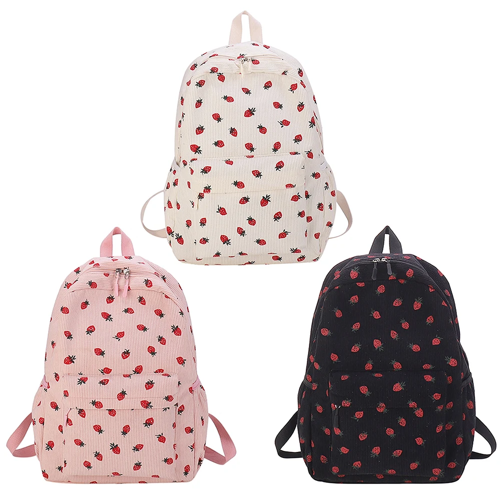 Corduroy Strawberry Backpack Students School Bag Large Capacity Trendy Book Bag Multi-pockets Adjustable Strap for Women Girls