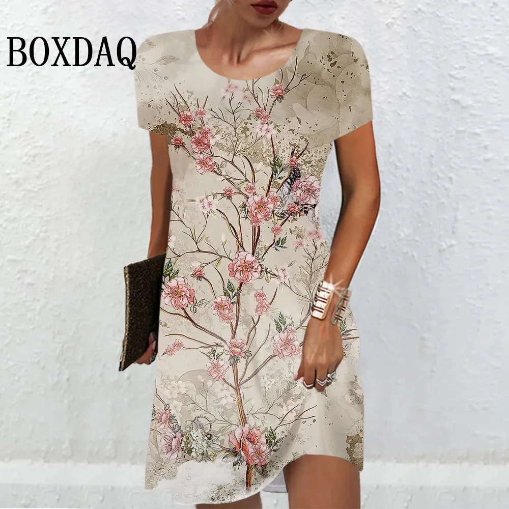 Frauen kleider 3d Malerei Blumen drucken Kleid lässig Retro Kurzarm lose plus Größe Kleidung Sommer Dame Kleider 2024 neu