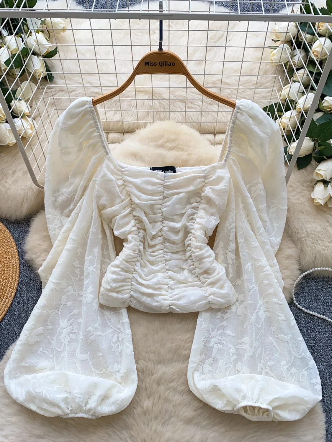 Blusa de Manga Abullonada con Hombros Descubiertos Estilo Retro para Mujer, Csa Hermosa y Deada de Estilo Coreano con Ma...