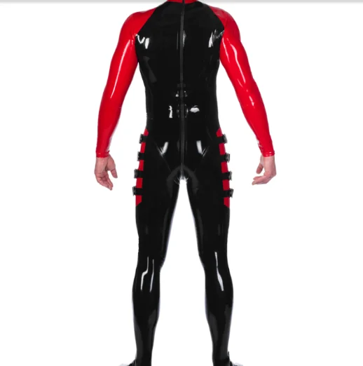 Latex Gummmi Zwarte Mannen Jumpsuit Rode Decoratieve Racing Uniform Party Rol Speciale Gelegenheid Hand Aangepaste 0.4Mm XS-XXL