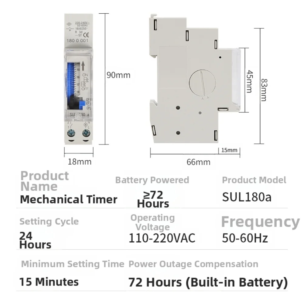 

Mechanical Timer SUL180A 15 Minute Analog Delay Switch with Power Outage Memory and DIN Rail Mount Installation