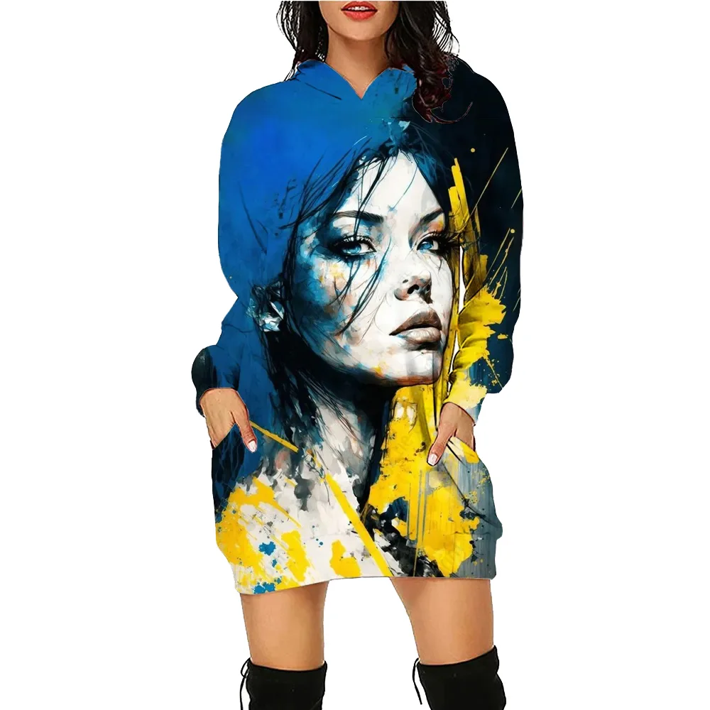 Leisure Women's Face Printed Hoodie Dress Women's Top Workout Sweatshirt Long Sleeve Pullover Autumn Loose Tee Traf Vestidos