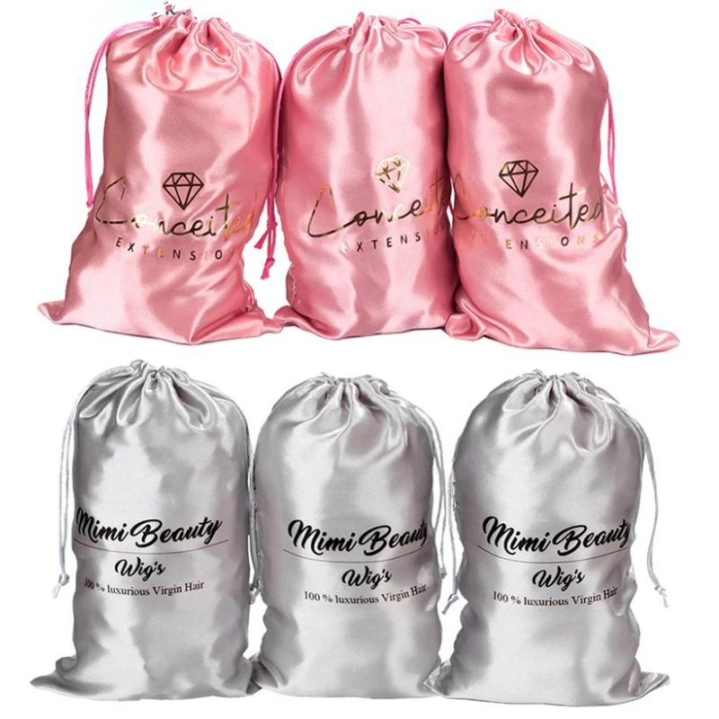 Satin Hair Bags Packaging Bundles Jewelry Cosmetic Makeup Party Gift Sachet Silk Drawstring Pouches Shoe Storage Sack Print Logo