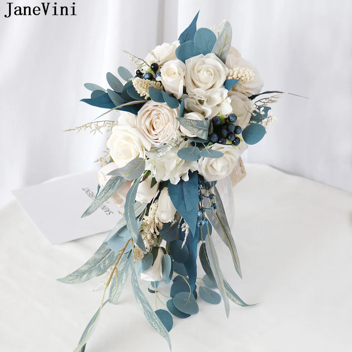 

JaneVini Vintage Waterfall Wedding Bouquet Artificial Flowers Bridal Bouquets Cream Roses Cascade Bride Holding Flowers 2022