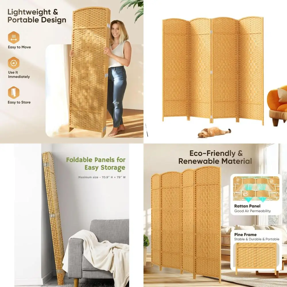 

Extra Wide 6ft Tall Folding Privacy Screen, 4-Panel Diamond Weave, Freestanding Room Divider - Yellow