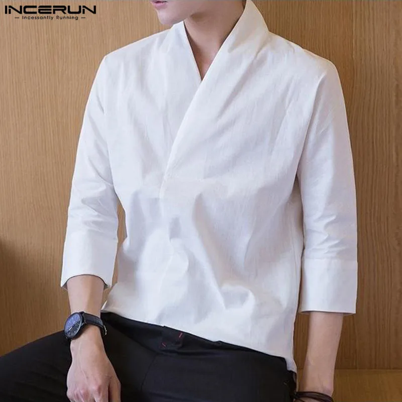 INCERUN Tops 2024 Korean Style Men\'s Solid Color Ethnic Style Shirts Casual Simple Male Well Fitting Short Sleeved Blouse S-5XL