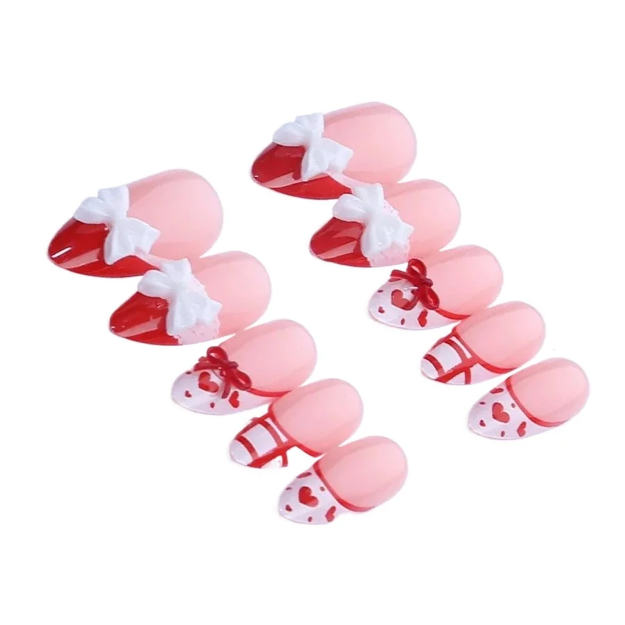 

24 шт., винно-красный, с кружевным бантом, пресс на акриловых ногтях, миндальной формы, французский дизайн, накладные ногти, милые, милые для девочек, полное покрытие, ногти