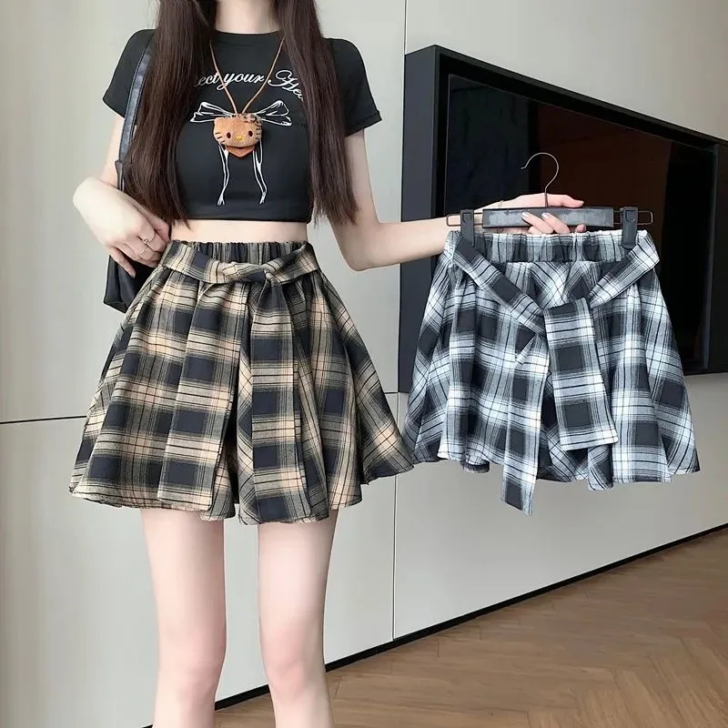 

Plaid Tie A-Line Skirt Summer New Design Sensation Faionable Versatile Lace ort Skirt Anti-Light Walking f-length...