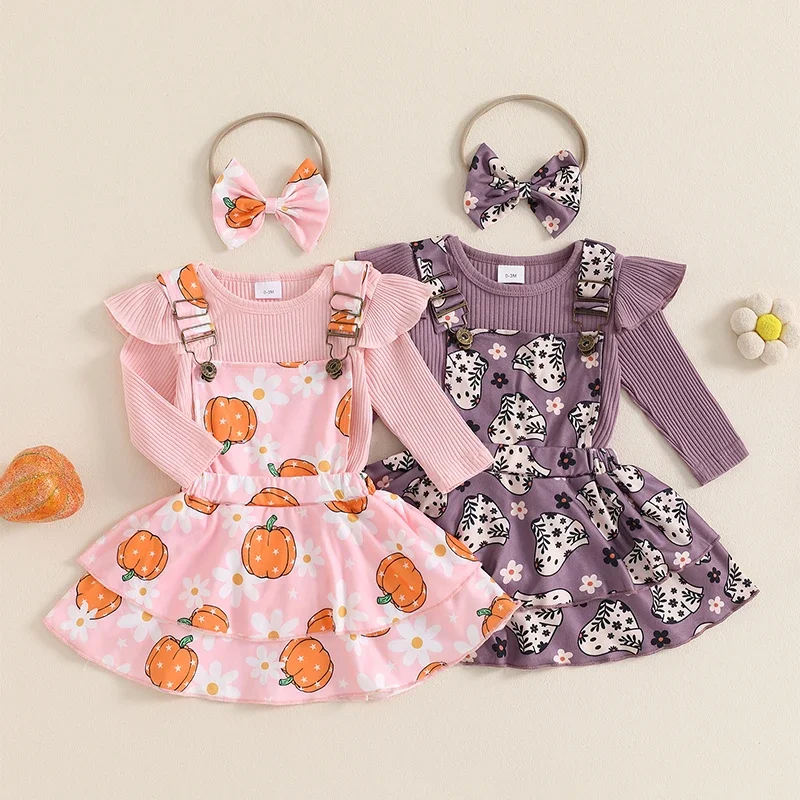 

Tregren Halloween Baby Girl Clothes Sets Infant Newborn Long Sleeve Romper with Floral Suspender Skirt Headband Clothing Outfits