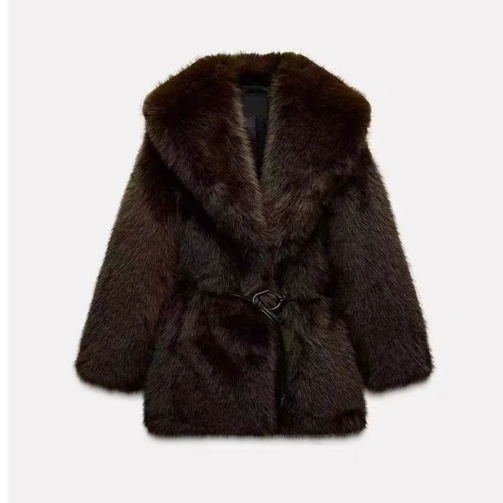 Long Fluffy Faux Fur Coat Women 2025 Winter Thicken Warm Lapel Fox Fur Collar Furry Jacket Large Size Overcoat